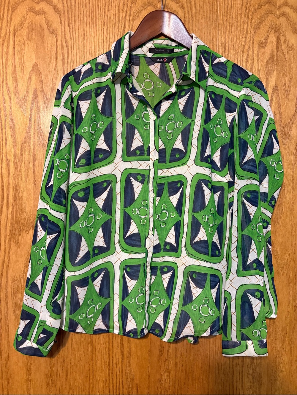 Essenxa Retro Green Navy Geometric Button Down - Fabric From Italy